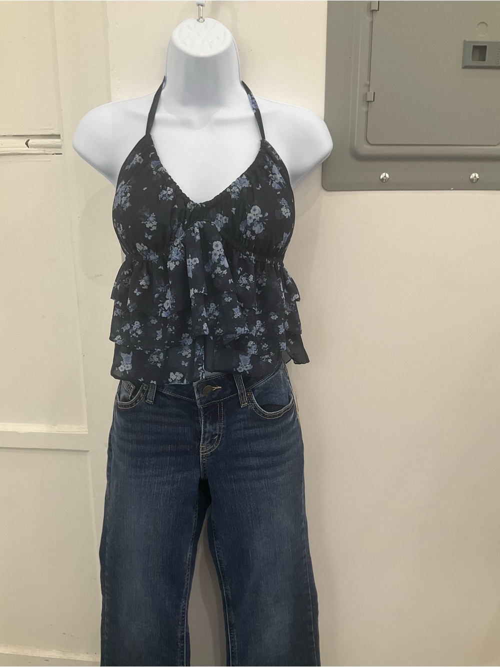 Wildfox Black Floral Ruffle Halter Camisole